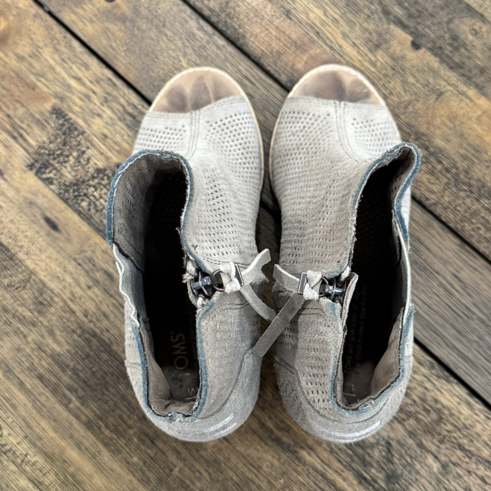 TOMS Majorca Booties Womens 6.5 Taupe Peep Toe Perforated Stacked Heel Boho