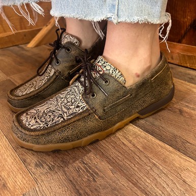Twisted X Women’s Brown and Floral Embossed Boat Shoe Driving Moc SMUWDM53