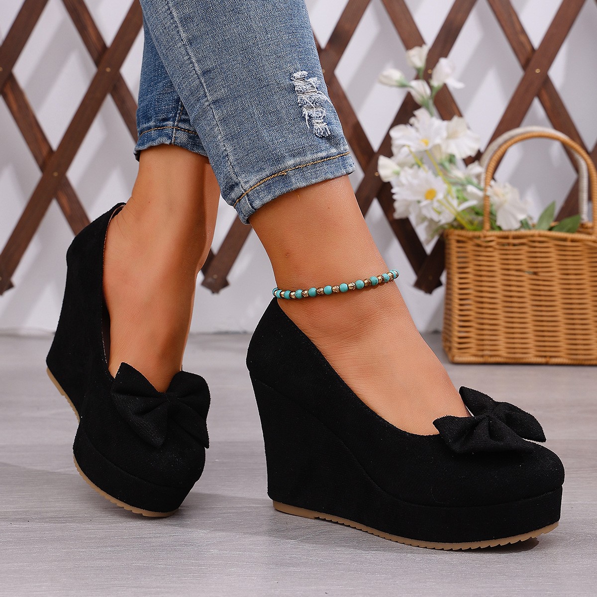 Women’s Bow-Knot Platform Wedge Pumps Slip-On Round Toe Comfort Mary Jane Shoes