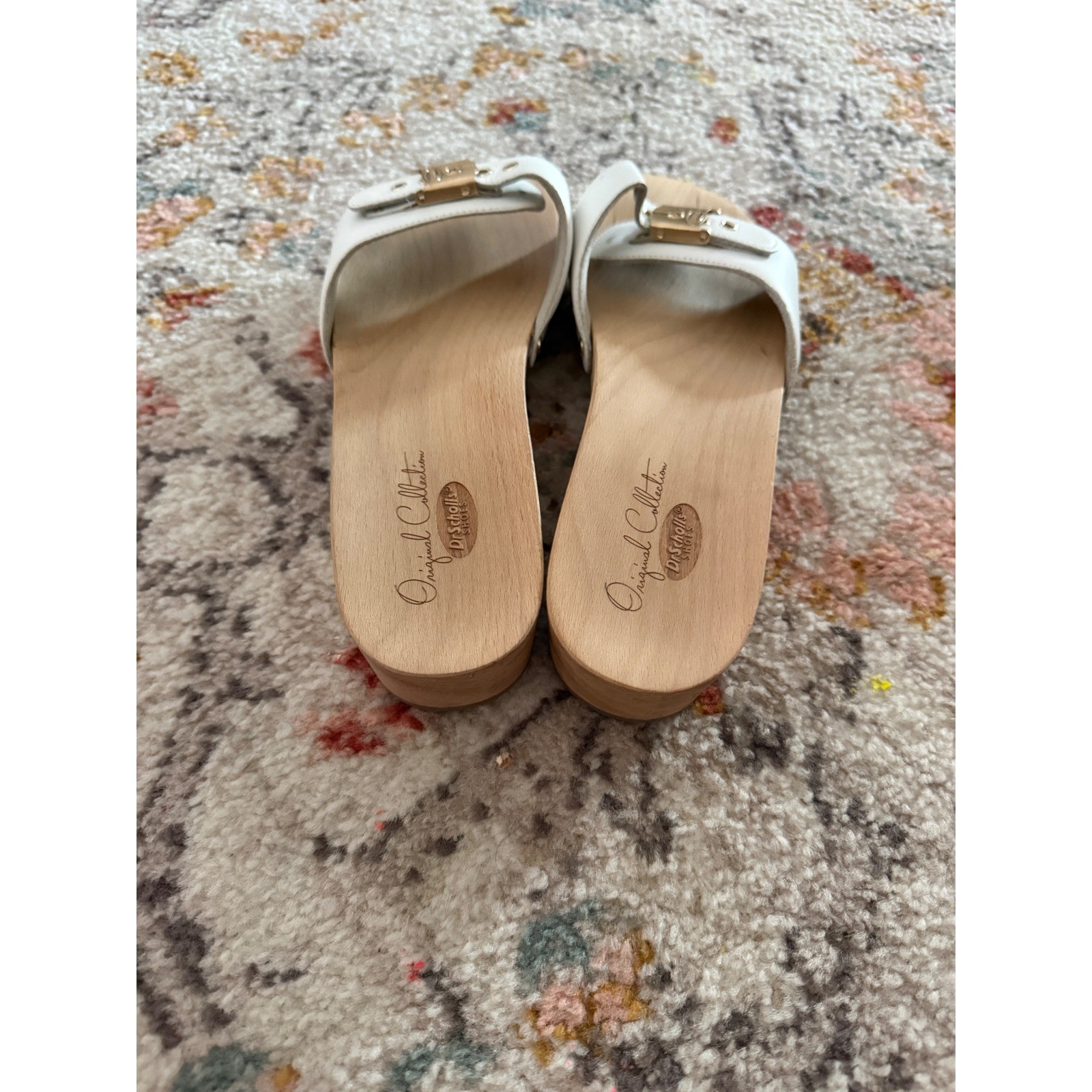 Dr. Scholls Original Collection White Leather Wood Sole Slide Sandals Size 9M