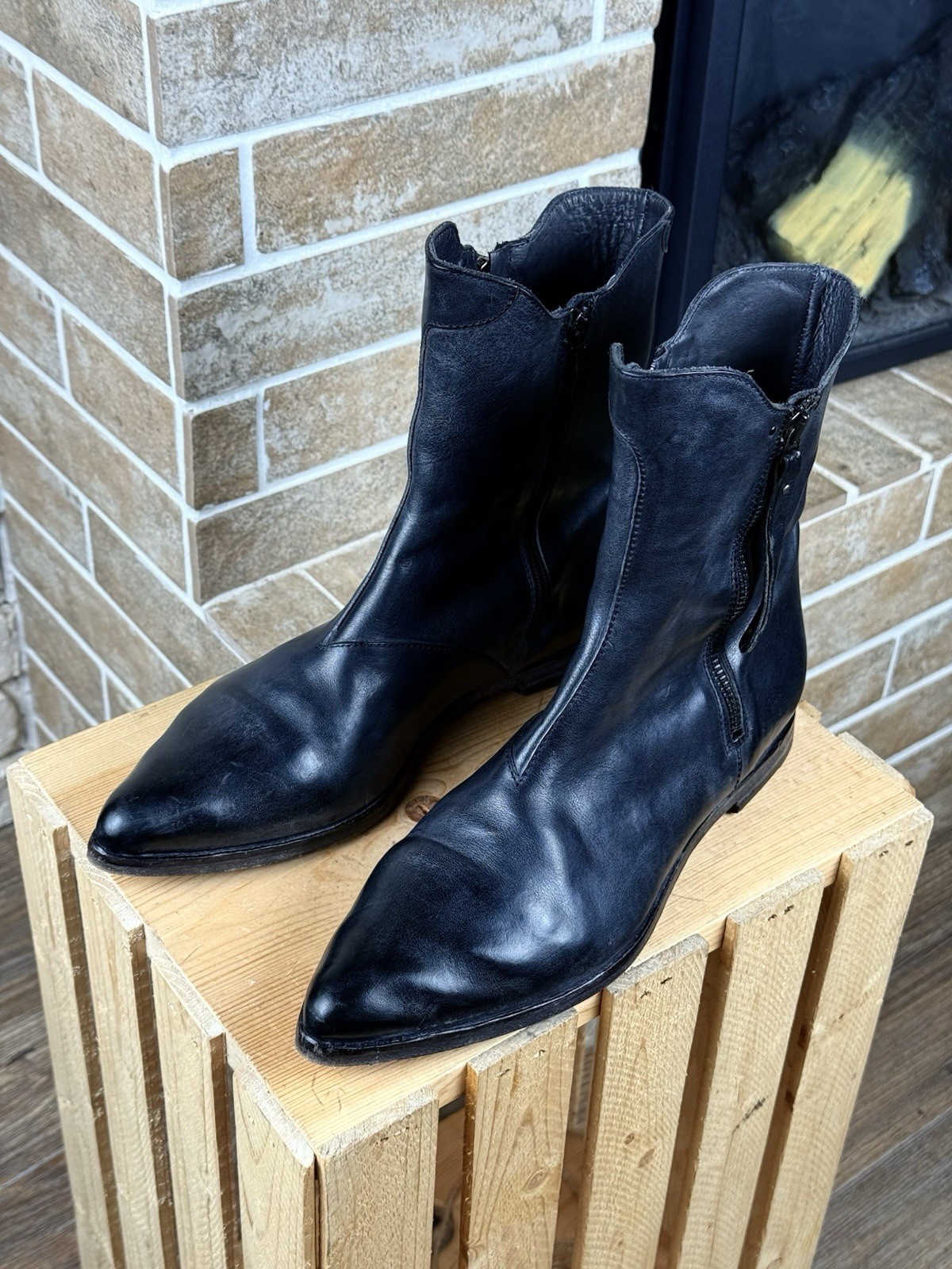 Woman’s MOMA Dark Blue Leather Zipper Ankle Boots Size US:10 EU:40