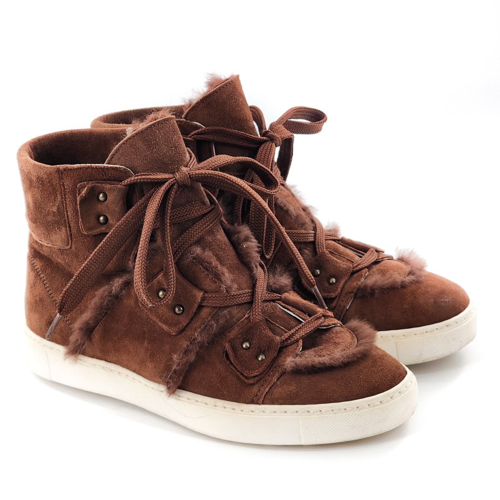 NAVYBOOT SWITZERLAND Brown Suede Lace Up High Top Sneakers Real Fur Size 37 6.5