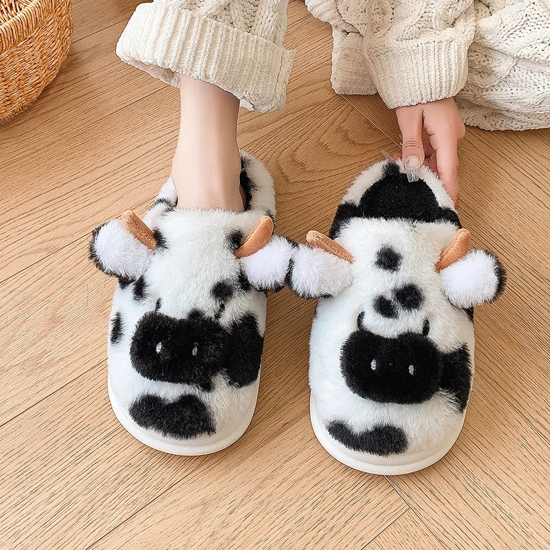 Fluffy Women’s Slippers Home Cartoon Cow Designer Winter Shoes Girls Flat Trend