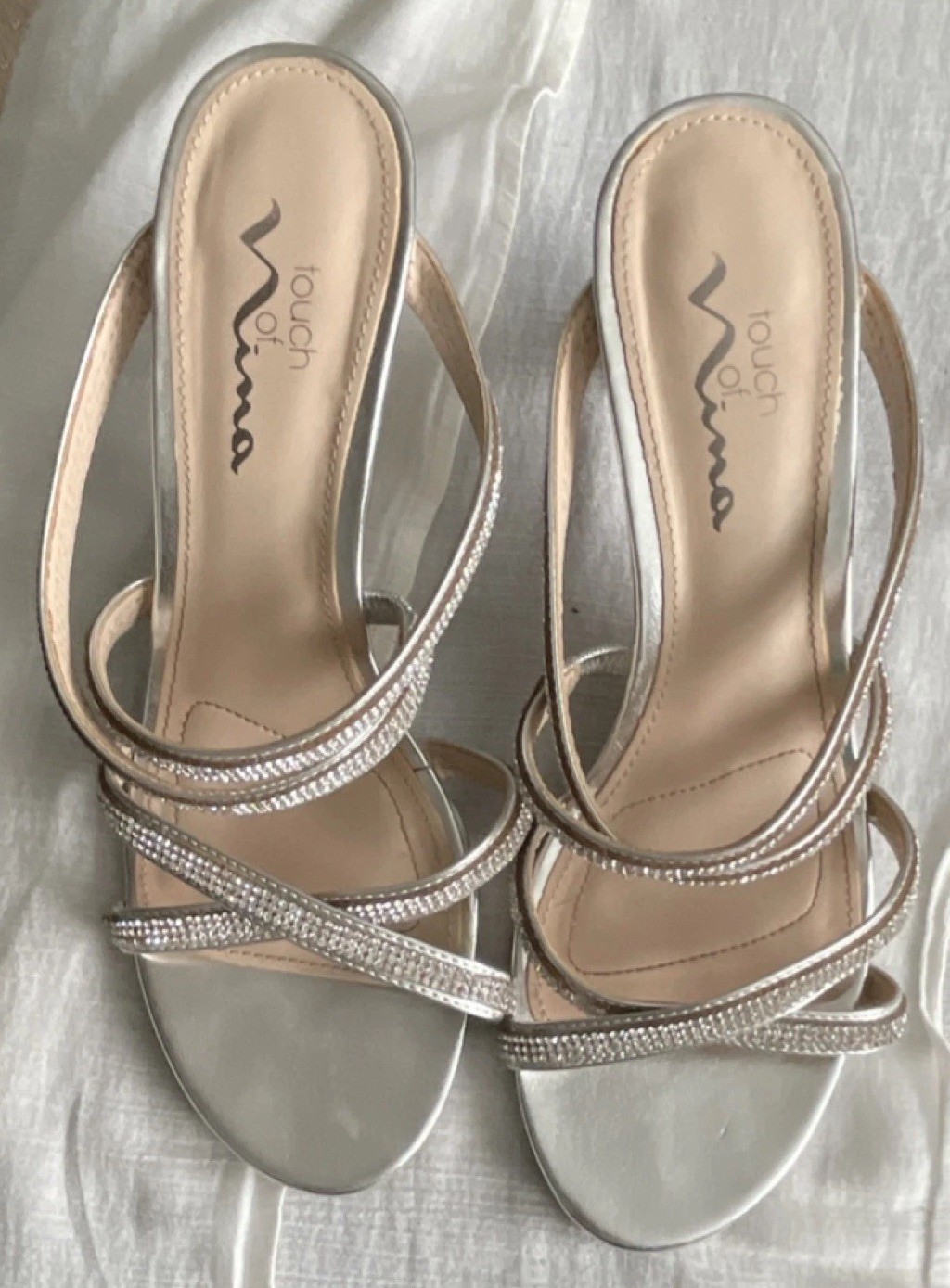 Touch of Nina Rhinestone Strappy Block Heel Sandals Silver