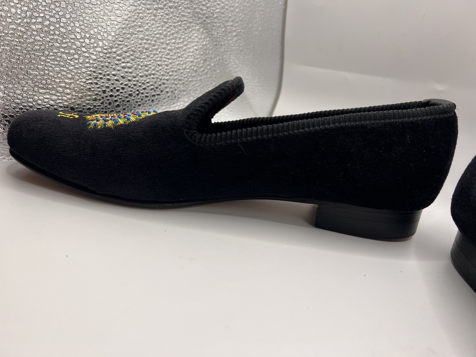 Crockett & Jones Black Embroidery Peacock Velvet Albert Slippers Women Sz 5.5/6