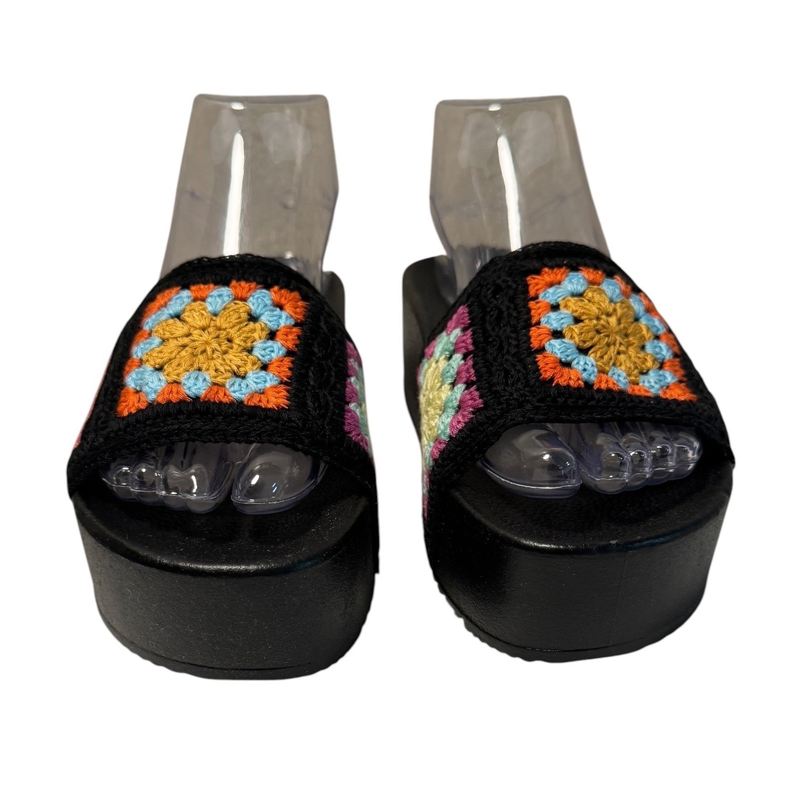 Dirty Laundry Worble Womens Black Crochet Granny Square Platform Slide Sandals 8