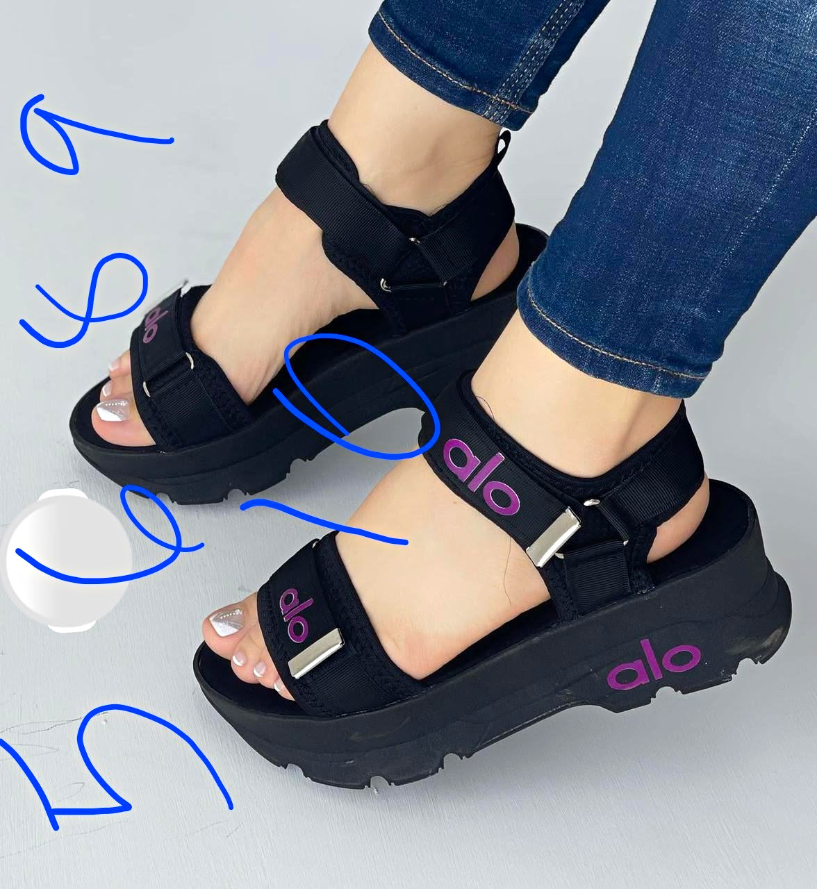 alo Women’s Black Leather Strappy Hook & Loop Sandals Purple Logo US 6