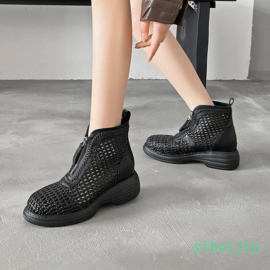 Women’s Weave Woven Zipper Leather Ankle Boots Platform Hollow Out Shoes Soft SZ