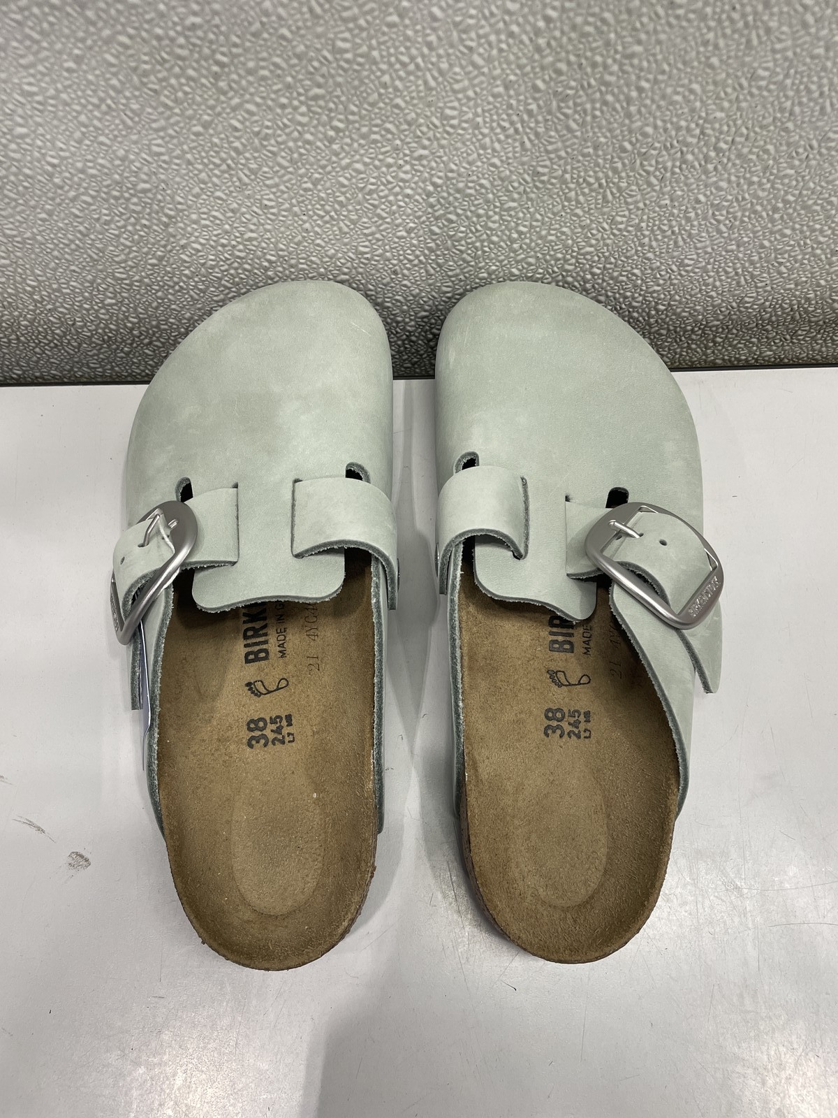 Birkenstock Boston Big Buckle Nubuck Leather Clog Unisex W7, M5 In Pure Sage
