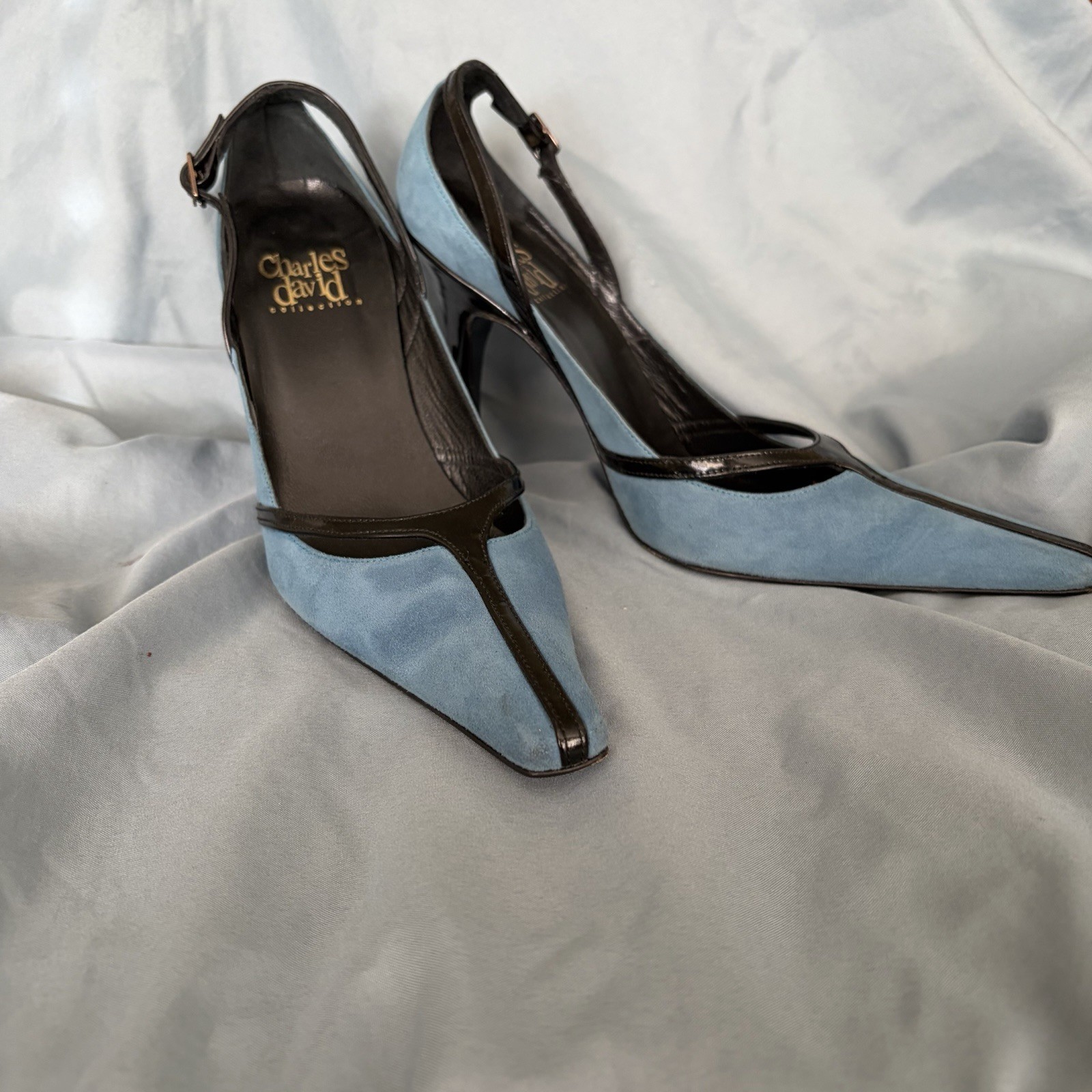 Charles David Vintage Heels Blue Suede Black Leather Slingback Sz 5.5 Classy