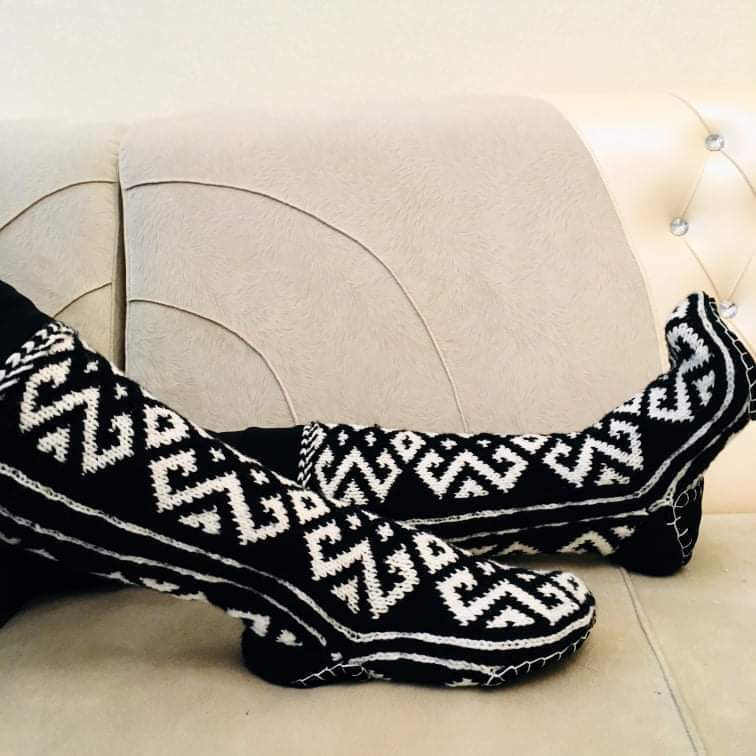 Women Black Hand knitted Long Slipper Socks with Suede Soles