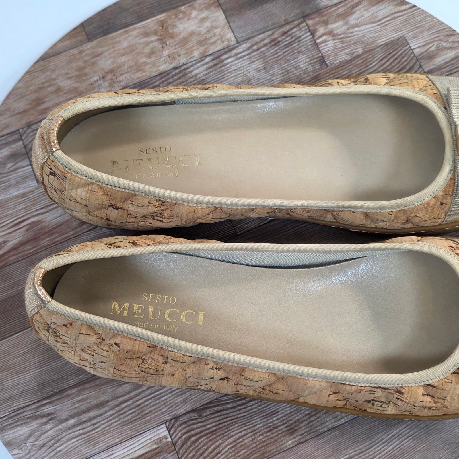 Sesto Meucci Ballet Flats Womens 10N Gold Cork Quilted Bow Metallic Toe