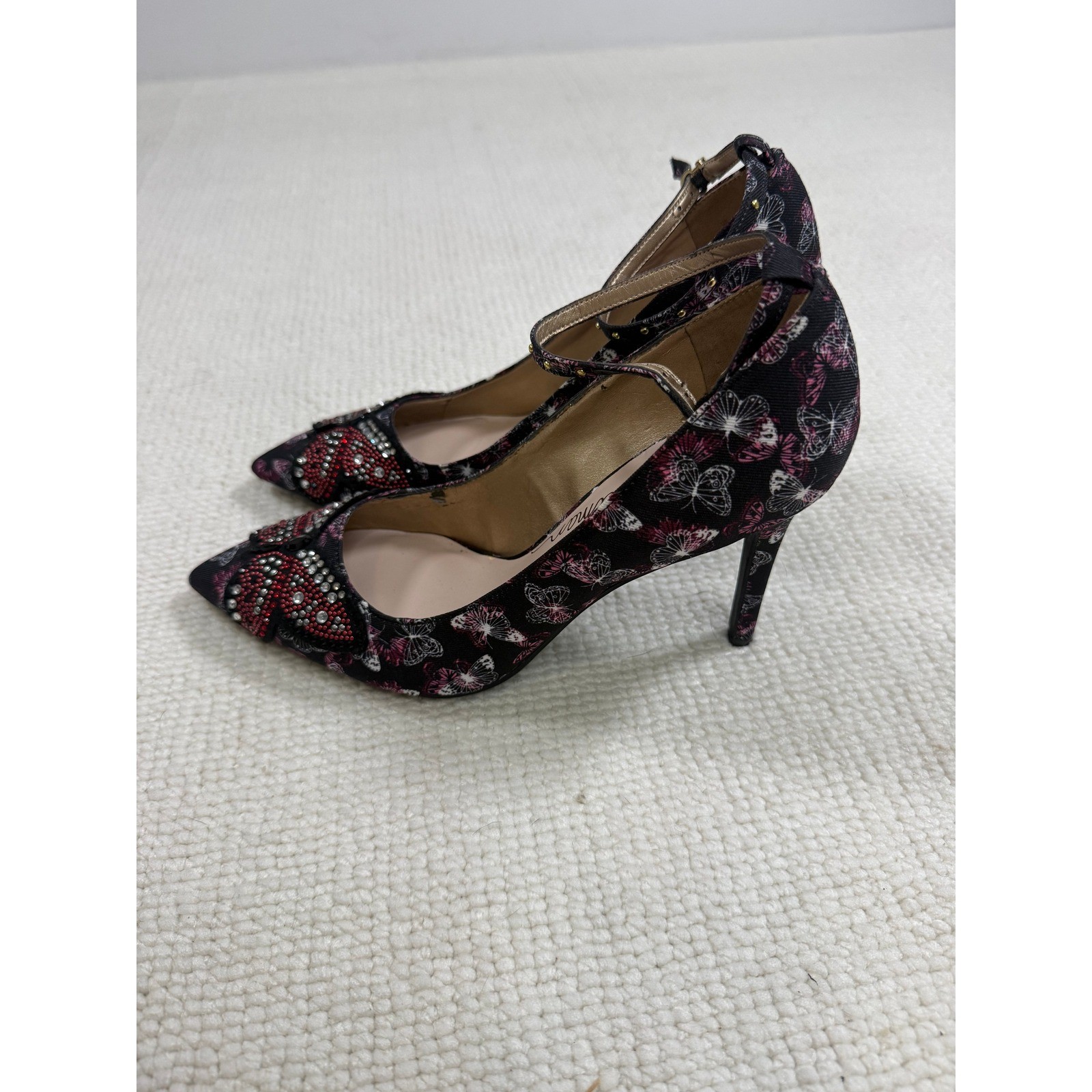 Libby Edelman Butterfly Print Rhinestone Embellished Pointed Toe Pumps Black 9