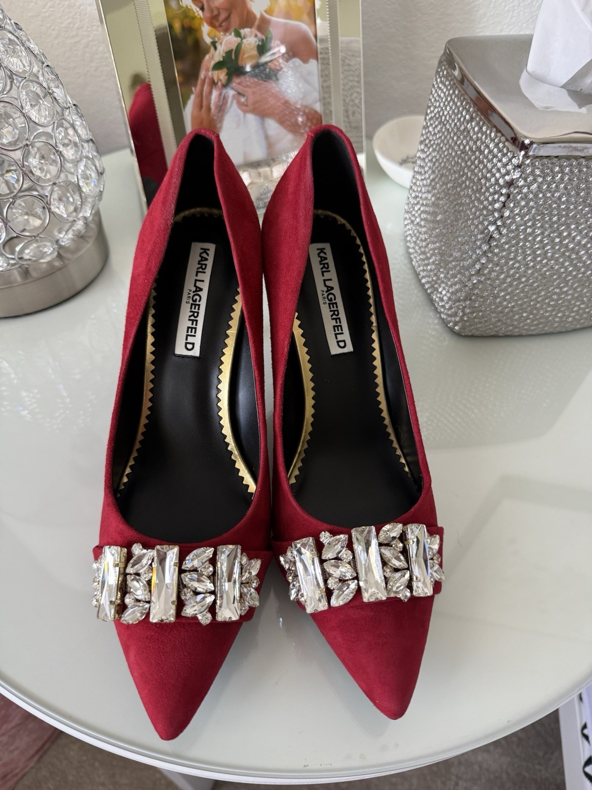 Karl Lagerfeld Paris Red Pointed Toe Embellished Pump Heels Slip On 9 M