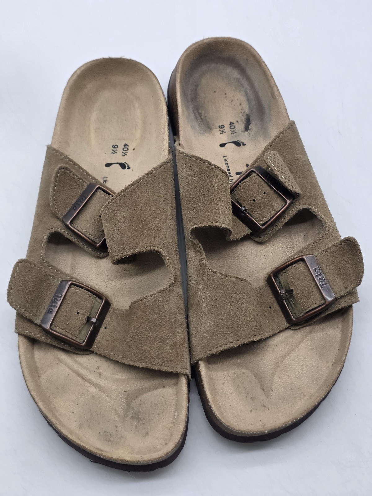 Tula Sandals Womens Size 9.5 40.5 Brown Suede Cork Slide Buckle Stains Shoes