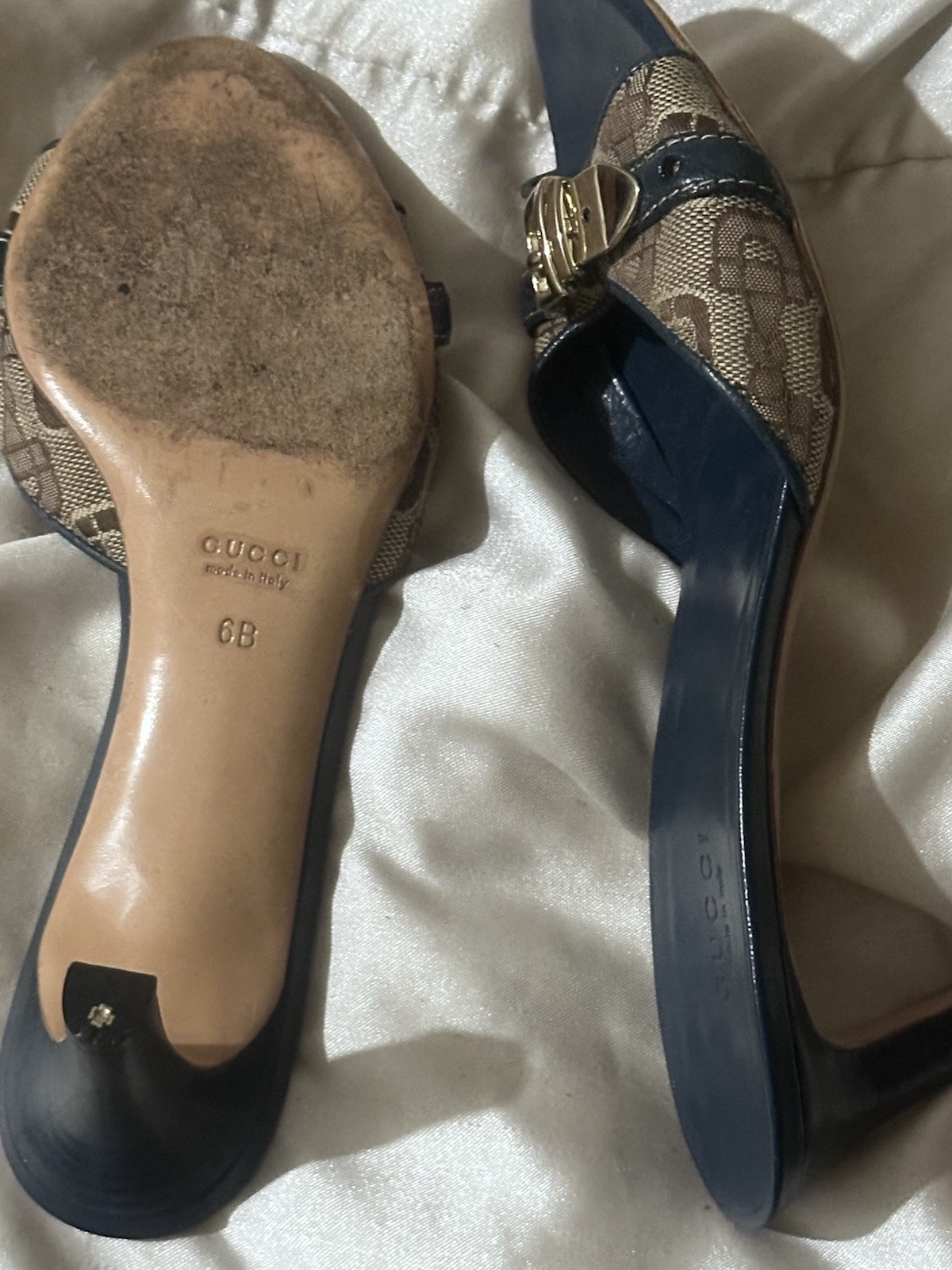Gucci GG Logo Canvas Buckle Strap Slide Sandals Blue Beige Women’s 6B