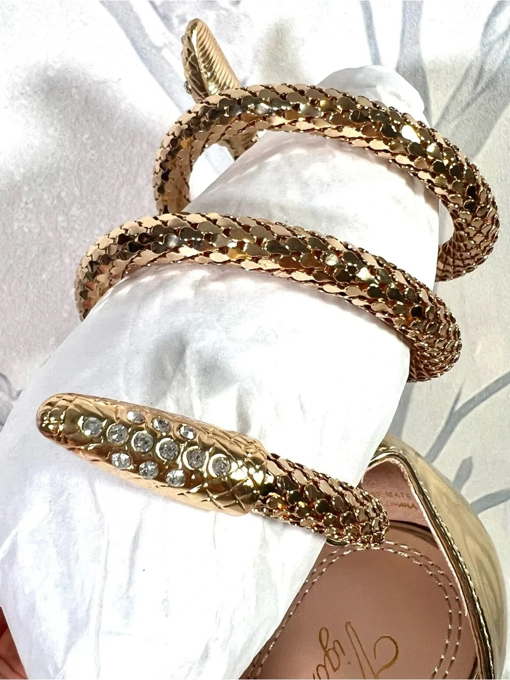 Gold High Heel Sandals with Clear Straps and Snake Wrap Ankle