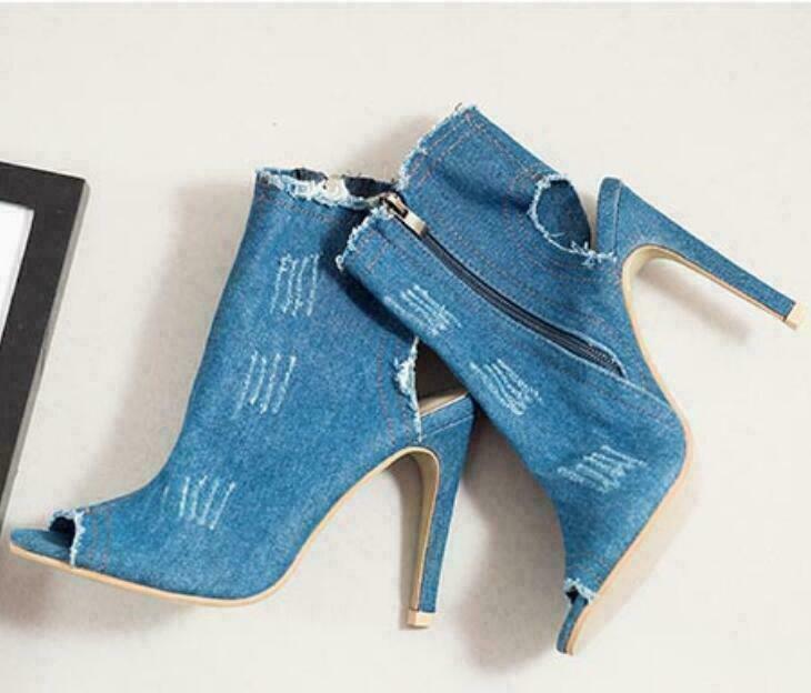 Women Open Toe Slingback Ripped Jeans Ankle Boots Denim Side Zip Stilettos Heels