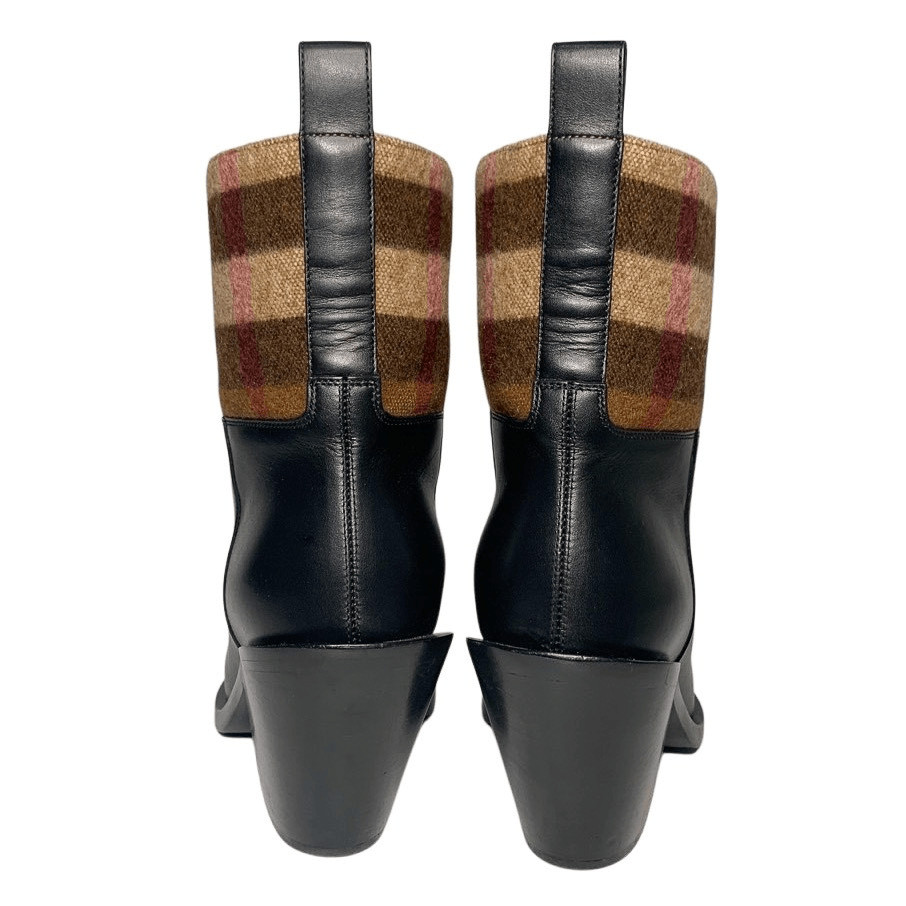 Burberry Danielle Low Calf Nova Check Heeled Boot EU 38 Leather and Wool Pull On