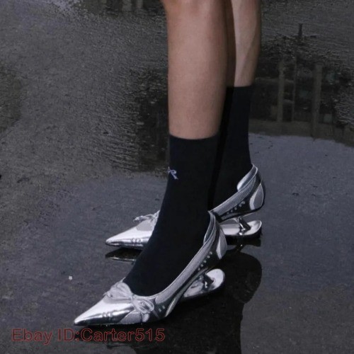 New Special Heel Spliced Heels Pointed Toe Heels Fashion Shallow Mouth Bow