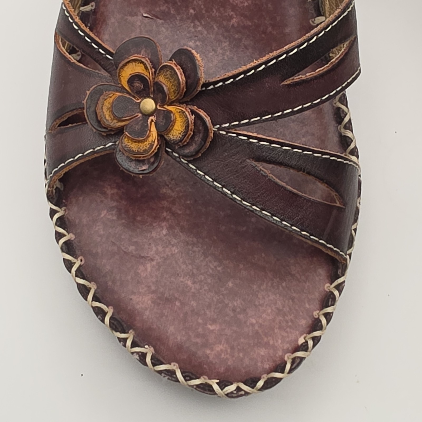 L’Artiste by Spring Step Lilith-BR Brown Leather Floral Wedge Sandals Women’s 39