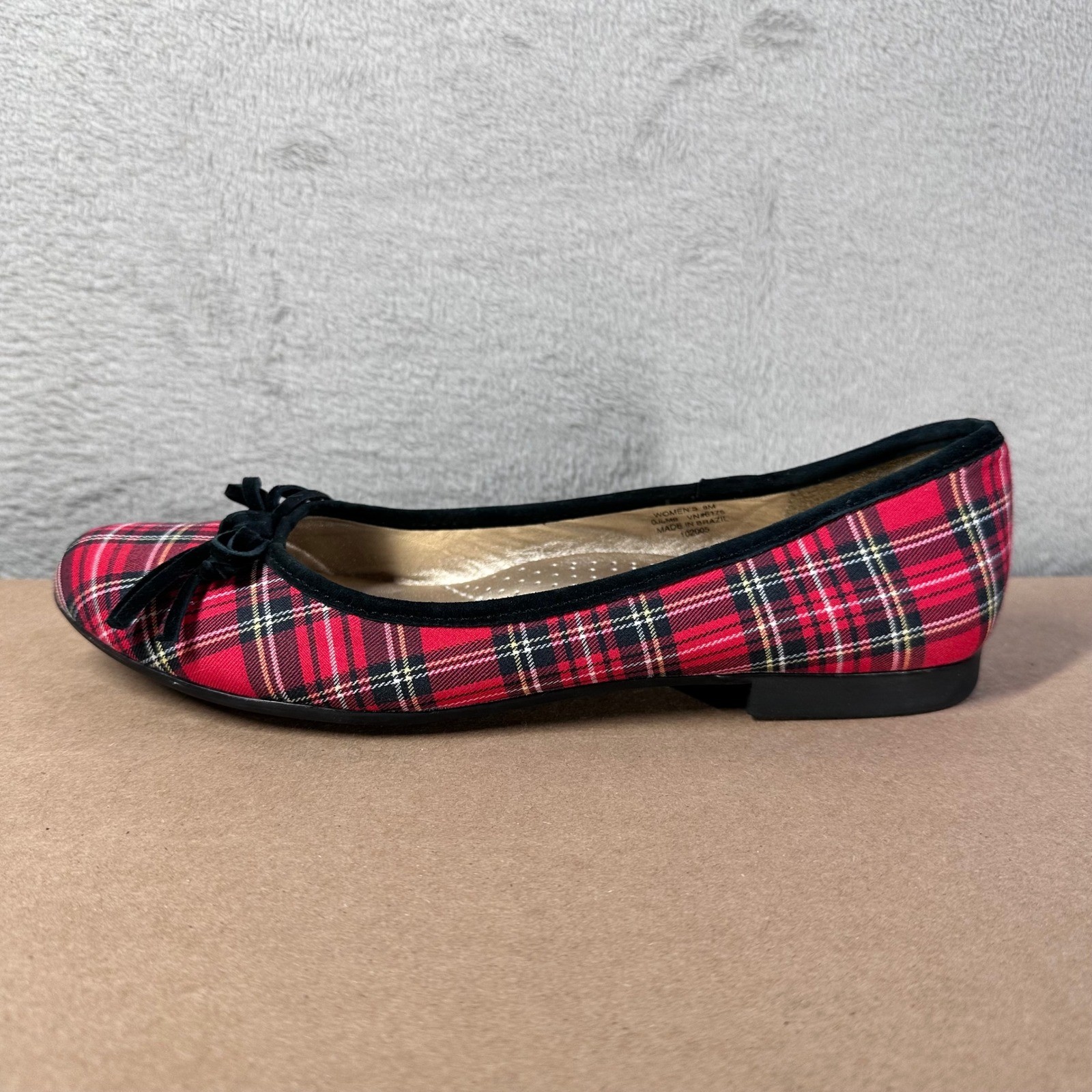 L.L. Bean Ballet Flats Women 8M Red Plaid Stewart Tartan Bow Preppy Holiday