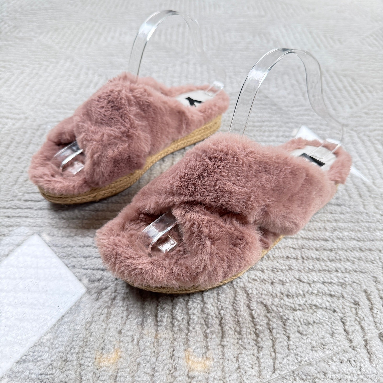 Bimba y Lola Faux Fur Espadrille Slides Women’s 38 Mauve Pink Sandals Coquette