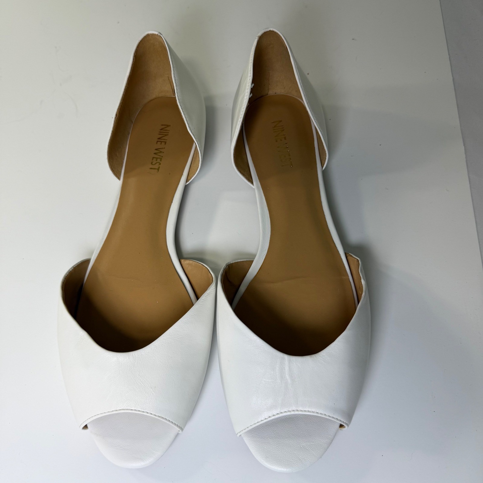 Nine West Blossom White Leather Peep Toe d’Orsay Flats Womens 10M