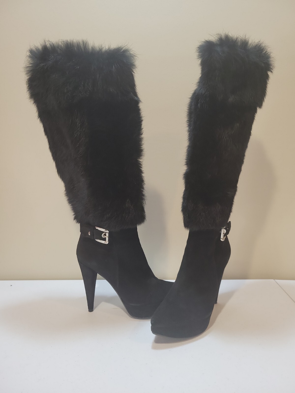 Stuart Weitzman Knee High Black Suede & Fox Fur Platform High Heel Boots