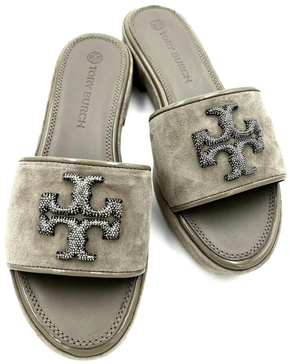 TORY BURCH ELEANOR SLIDE SANDAL CRYSTAL LOGO SUEDE GRAY HERON SZ US 8 NIB