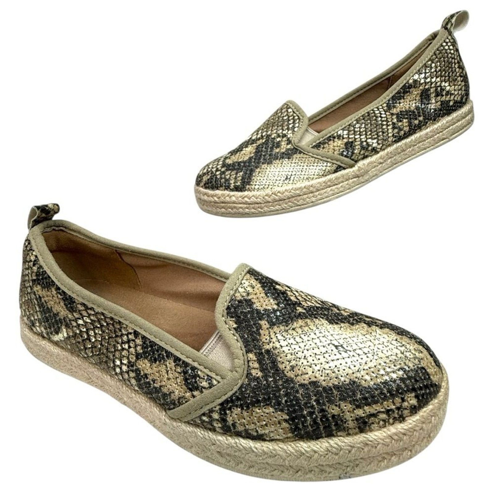 Clarks Azella Theoni Snake Print Slip On Espadrille Loafers Size 8 Boho Coastal