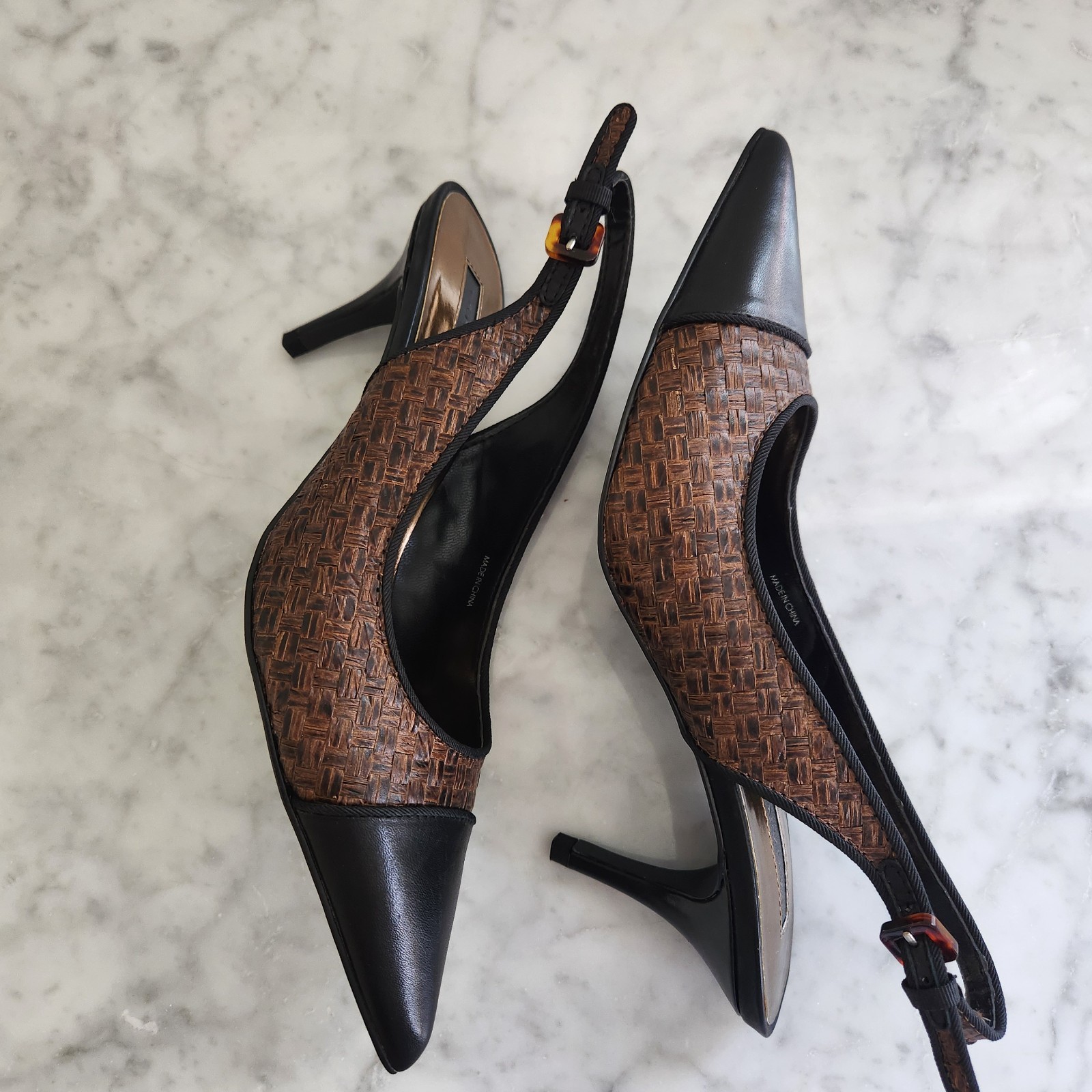 Tahari Womens Slingback Heels 6.5 Brown Black Cap Toe Woven Pointed Pumps