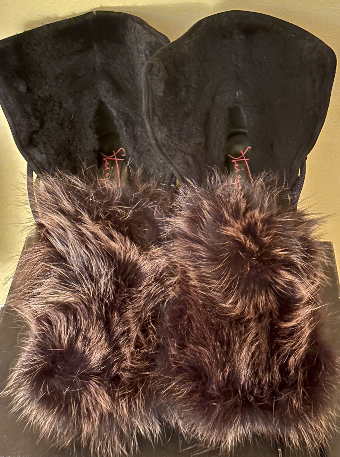 Walter Steiger Platf Black Suede With Real Fox Fur Tongue High Ank Boots size 40