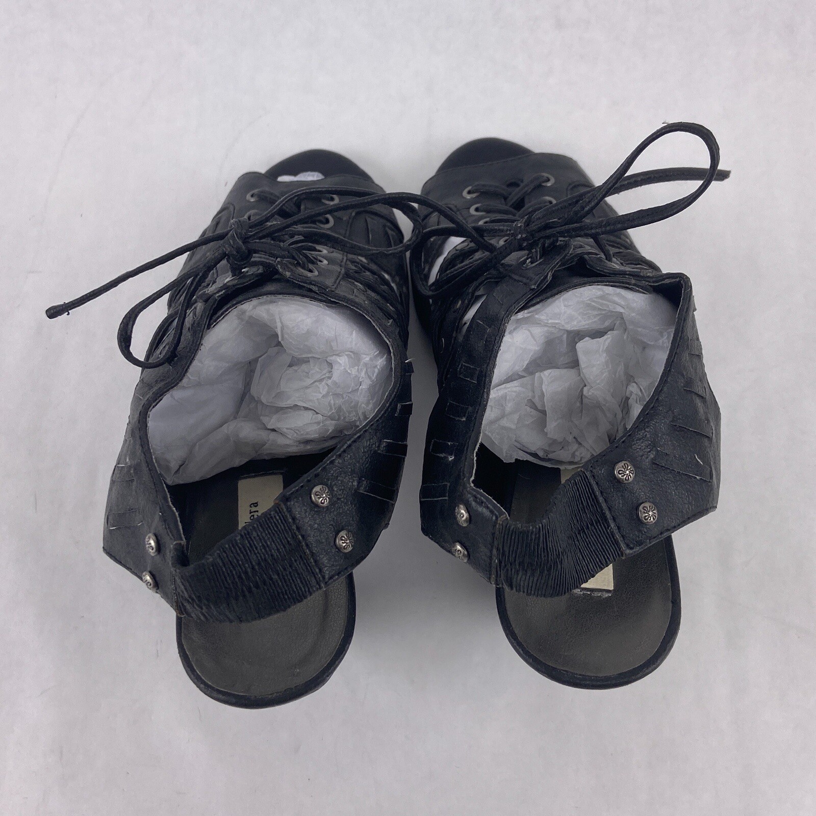 Simply Vera Wang Heels Women 8 M Black Hades Lace Up Studded Sling Back Shoes 3″