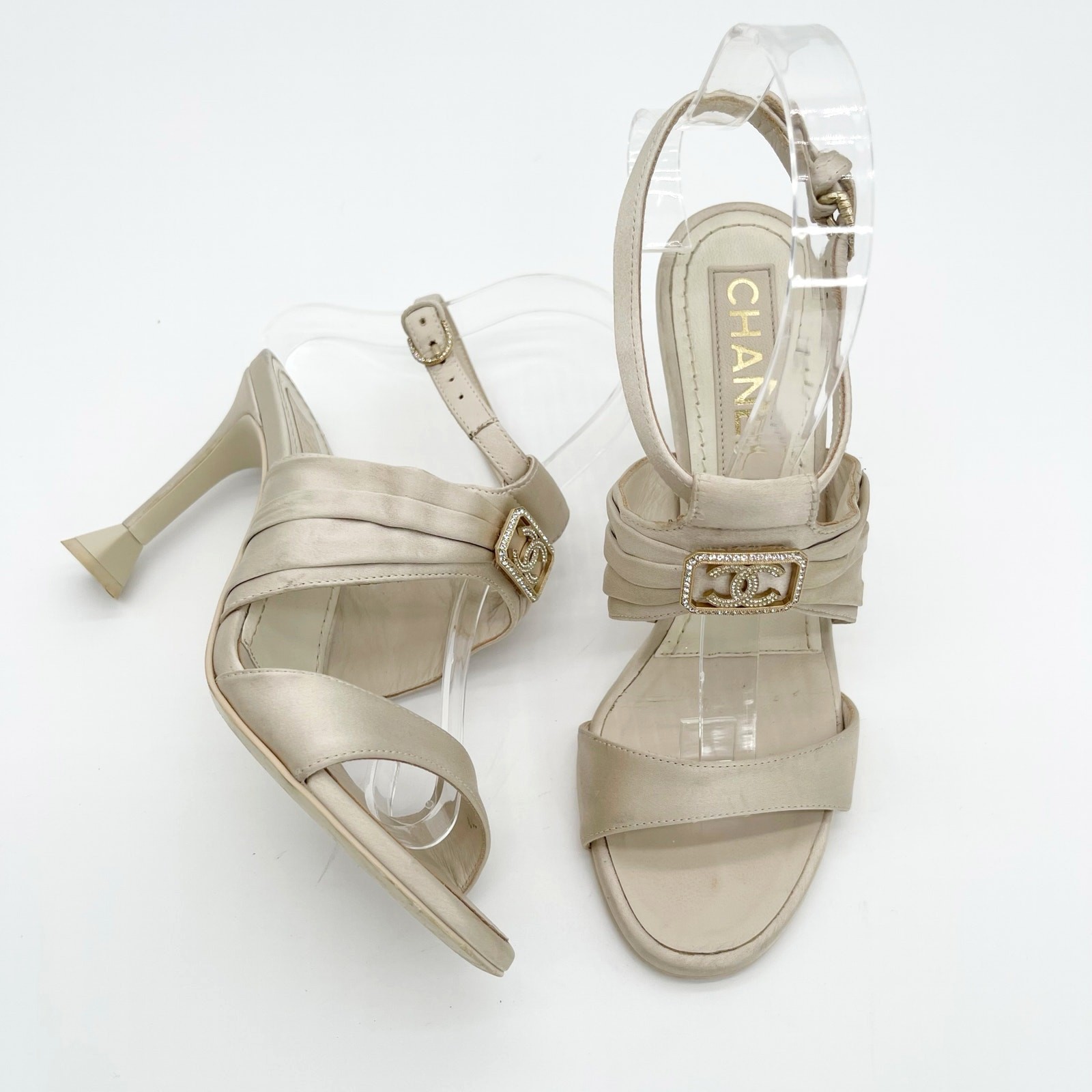 Chanel S/S 2023 Beige Satin Crystal CC Logo Ankle Strap Sandal Heels EU 36