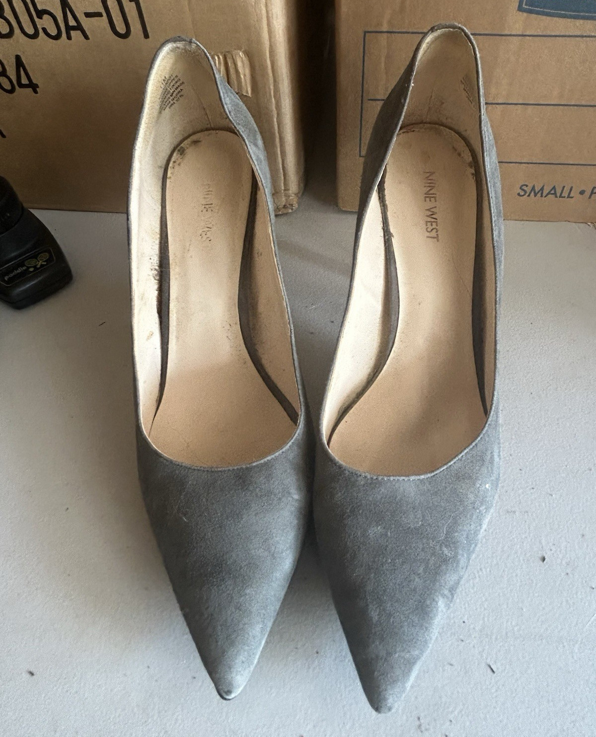 Nine West Women’s Gray Suede Solid Pointed Toe Slip-On Heel Pumps 11