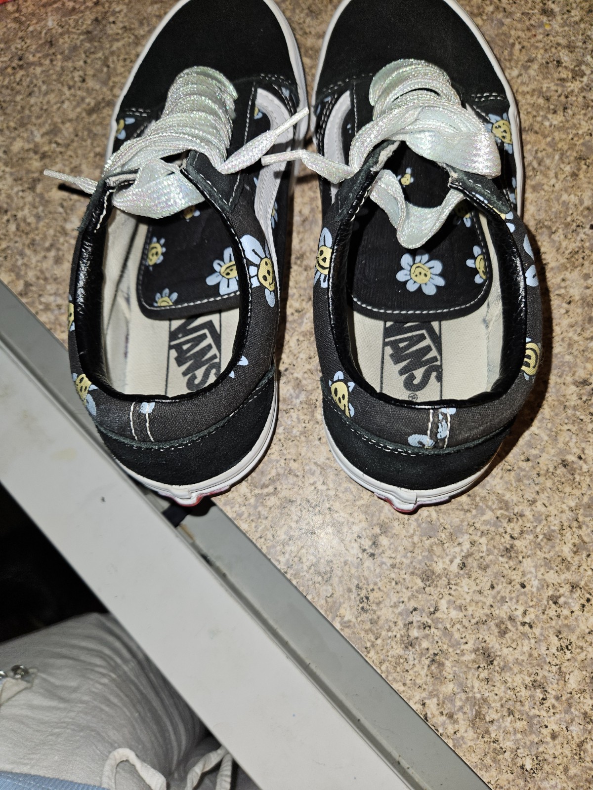 Size 7.5 – VANS Old Skool Black With Yellow And Blue Smiley Face Flowers