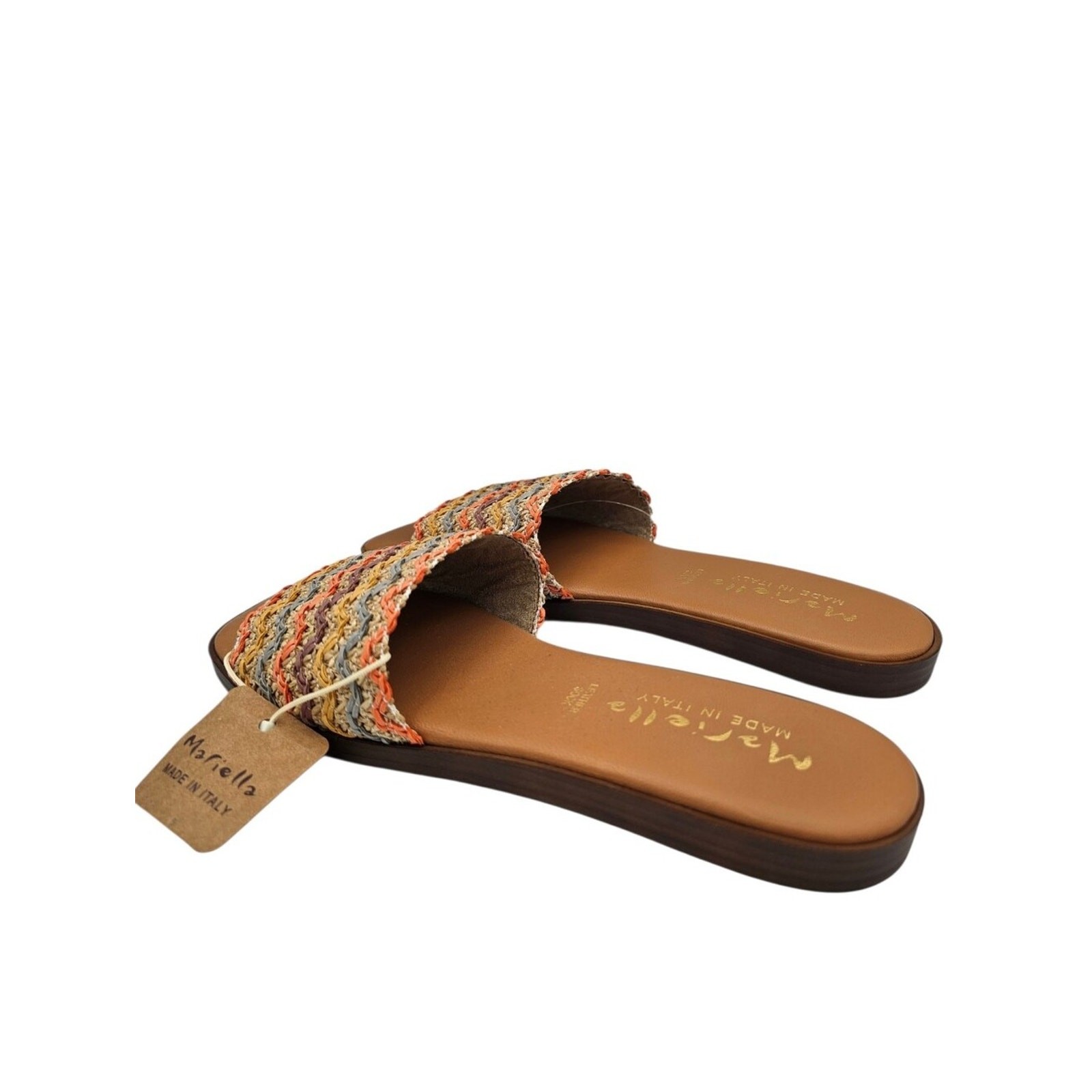 Mariella Multicolored Chevron Woven Raffia Leather Flat Slide Sandals Womens 8