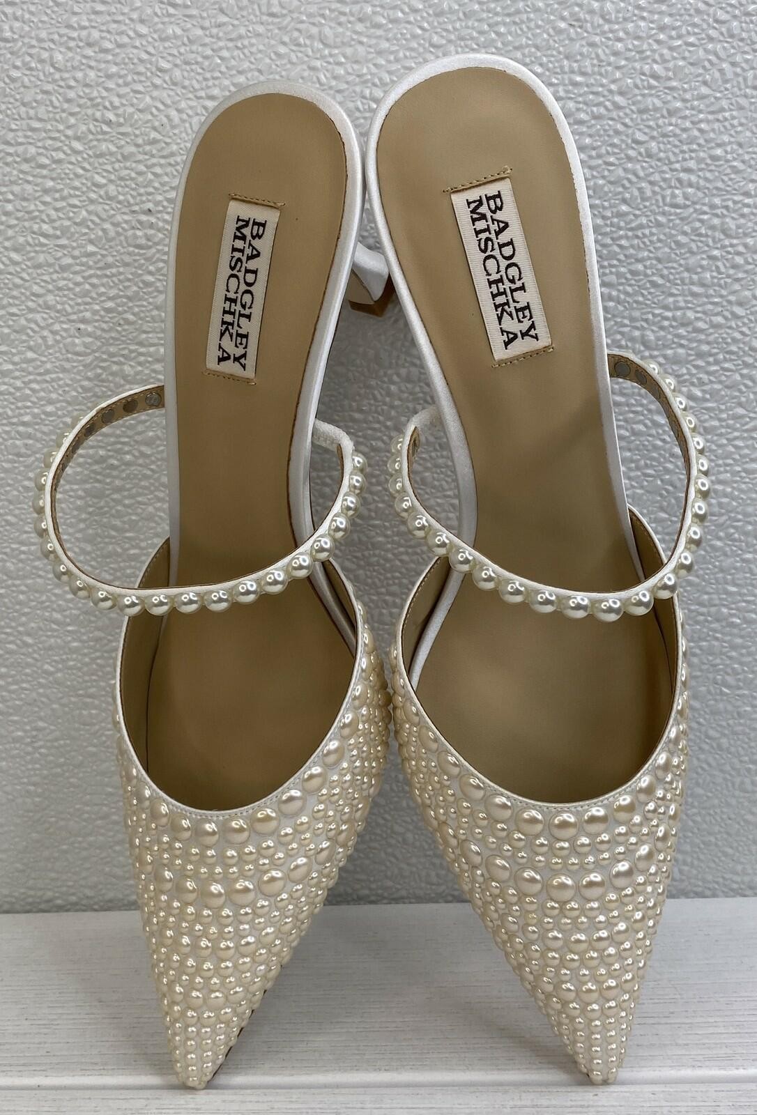 Badgley Mischka Duchess Pearl Heeled Mules, Soft White, 9.5 M