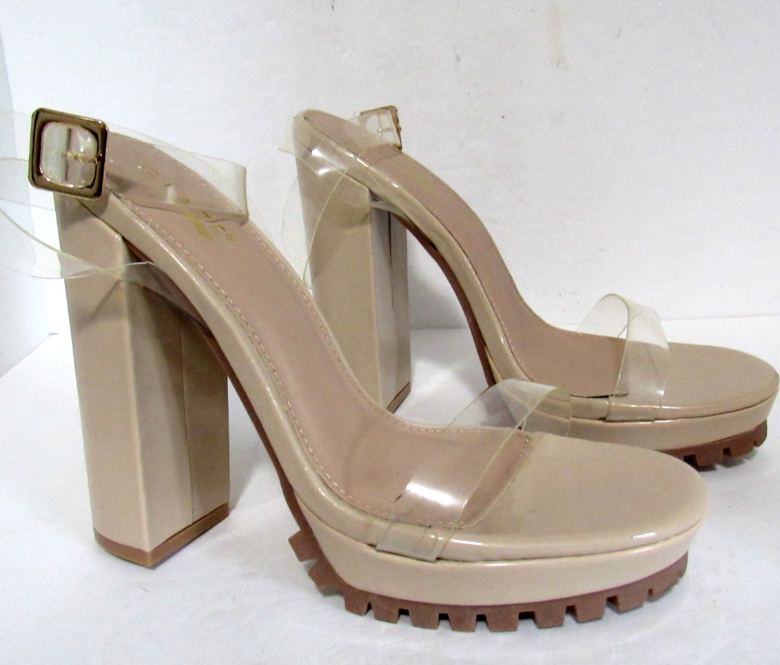 Nude Clear Vinyl Straps Lug Soles High Block Heels Platform Sandals Womens 8 Y2K