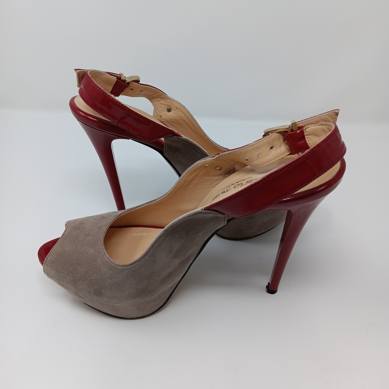 Mario Muzi Suede Red Patent Platform Slingback Peep Toe 5in Heels EU 40 US 9 9.5