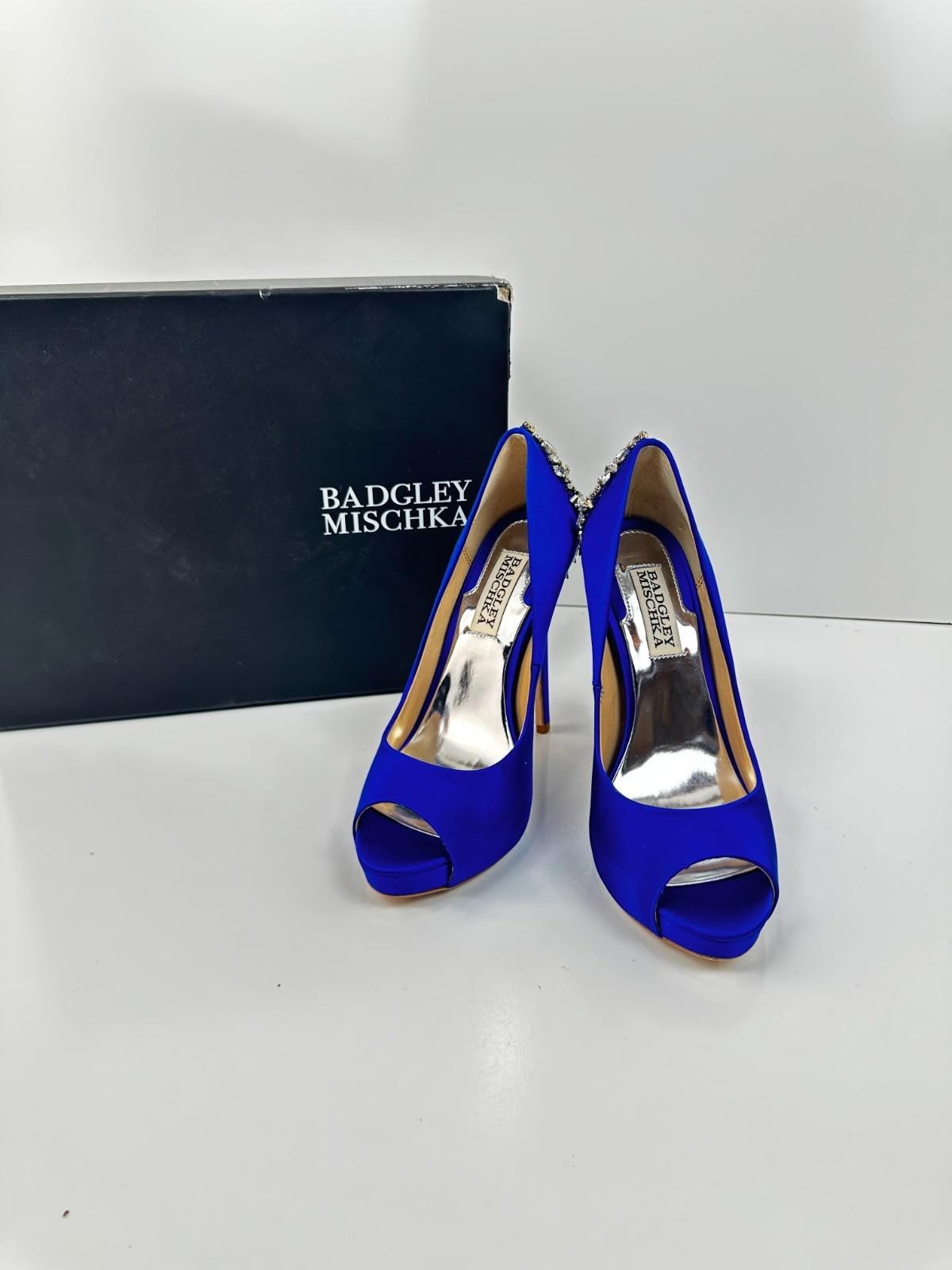 Badgley Mischka – Kiara Crystal Pumps, Peep Toe, Sapphire Satin, Size 6, Women’s