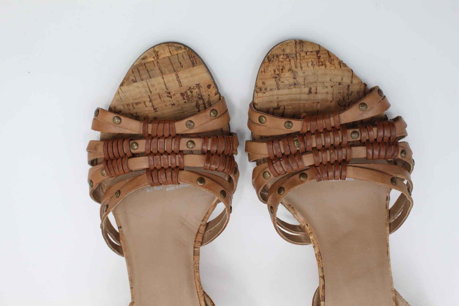 VINTAGE 1970s Strappy Beaded Leather Sandals Cork Wedge Heel Sz 8.5W BOHO EARTHY