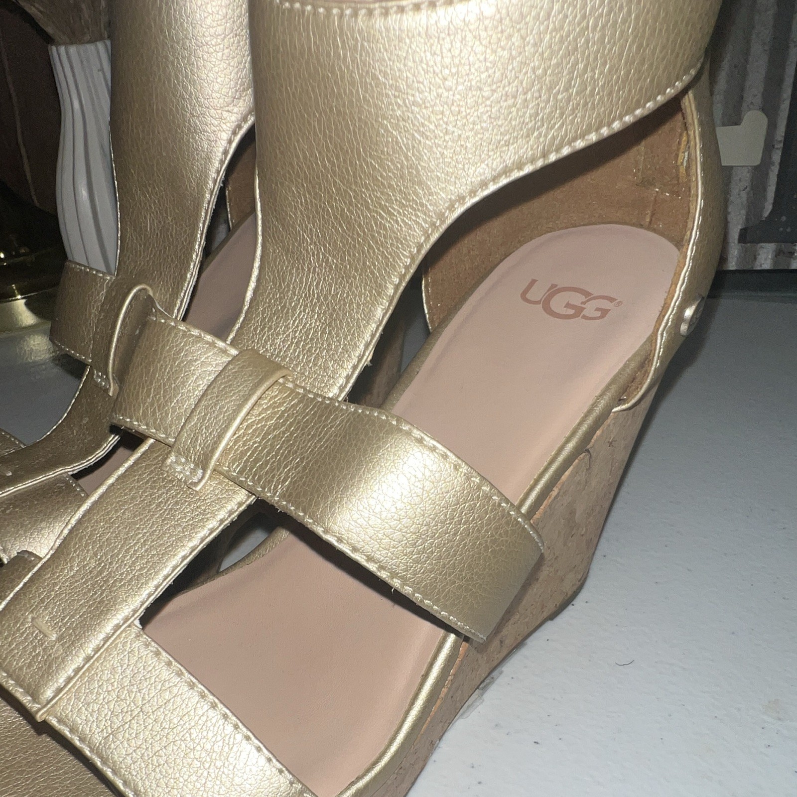 UGG Whitney Wedge Sandals Leather Gold Metallic Zip US 7.5 EU 38.5