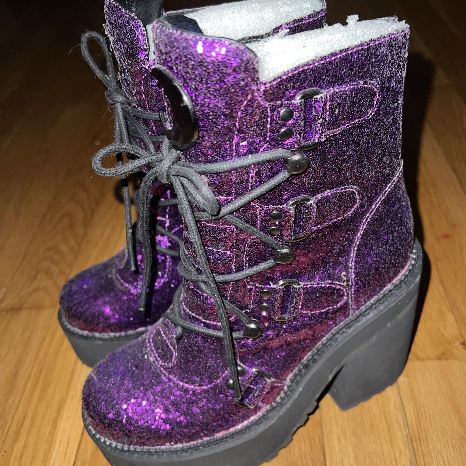 Killstar Platform Boots Heels Size 5 Glitter Purple Cosplay Goth Halloween NWOB