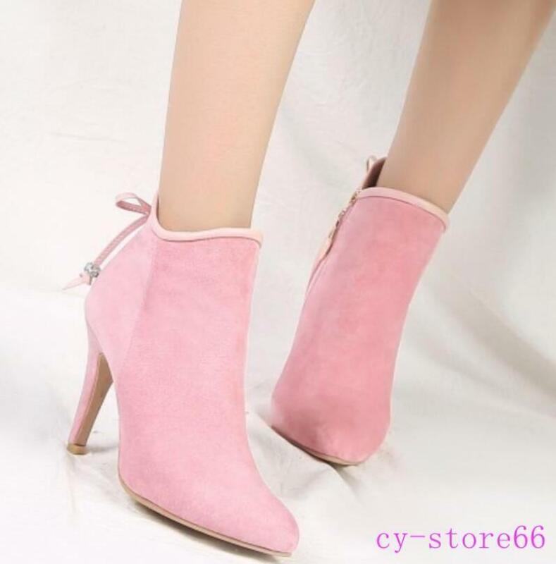 Women‘s Ankle Boots Bowtie High Stiletto Heel Pointy Toe Suede Shoes Plus Sz