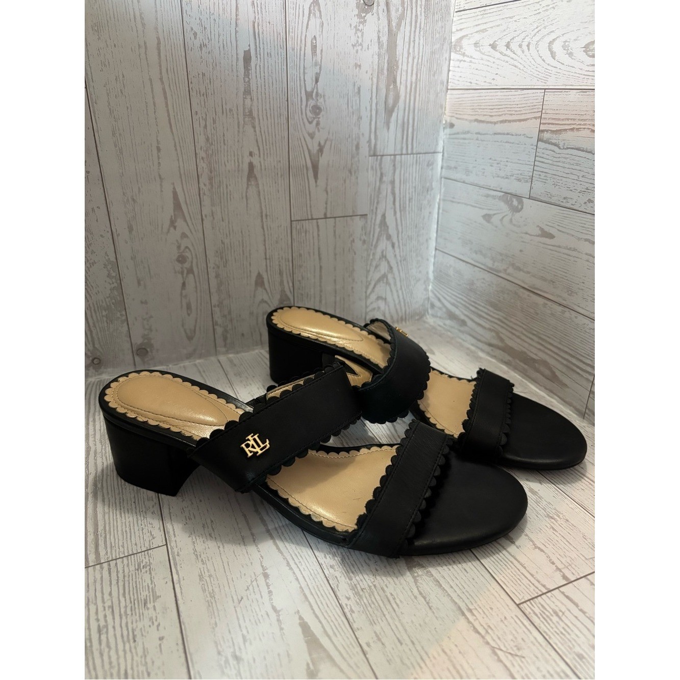 Ralph Lauren Black Scalloped Two-Band Block Heel Mules Size 6.5 Quiet Luxury