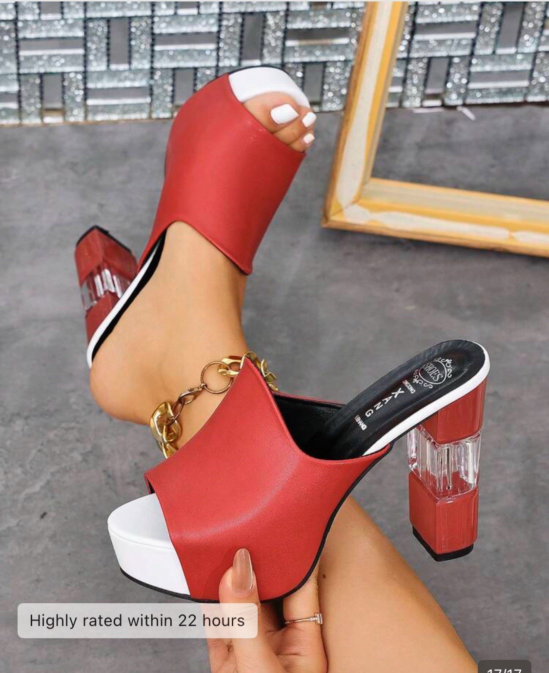 XZZS Red Faux Leather Mule Block Heel Open Toe Chain Accent Women’s Size 8
