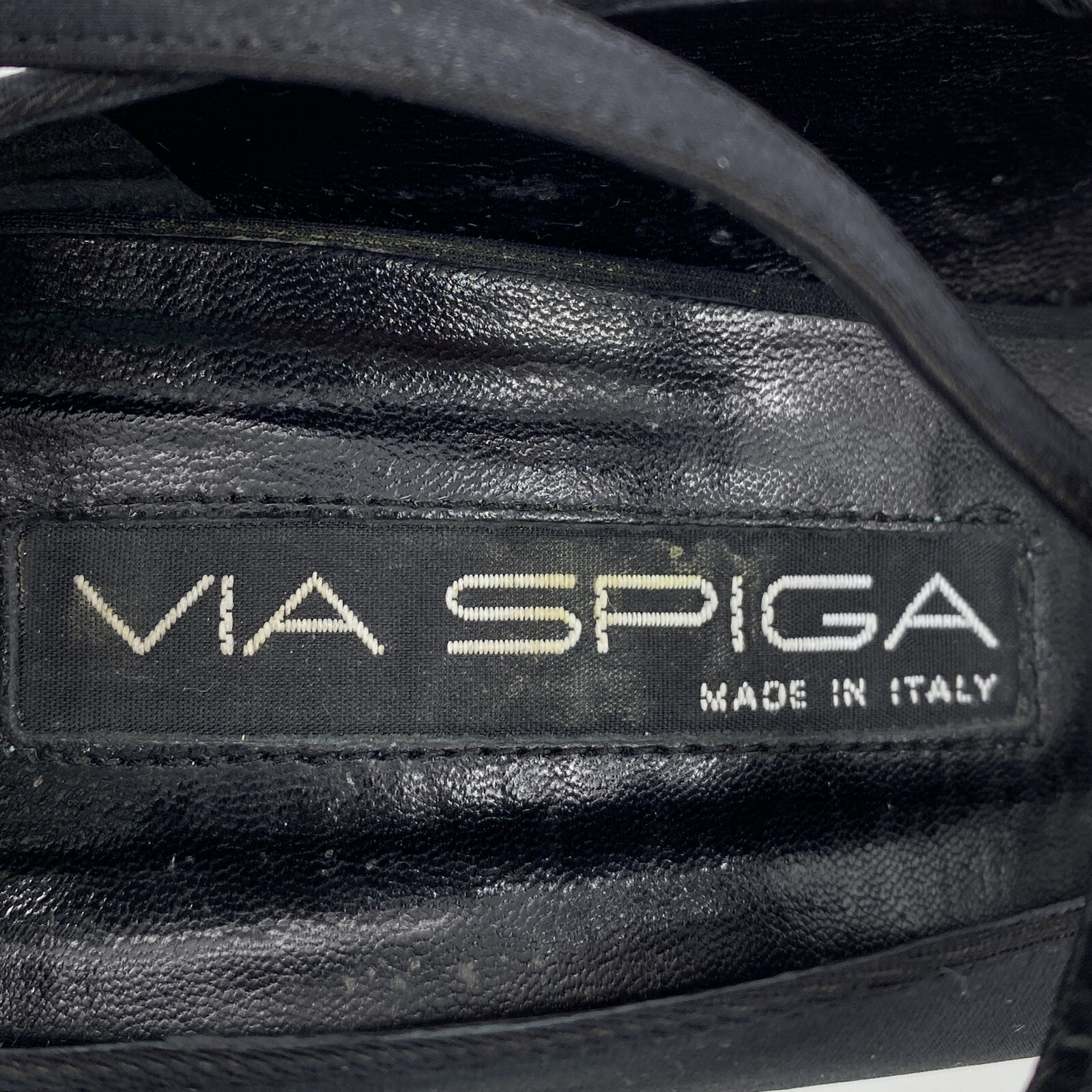 Womens 7.5 M Via Spiga Cage Black Satin Strappy Sandals 3.25″ Heel Made in Italy