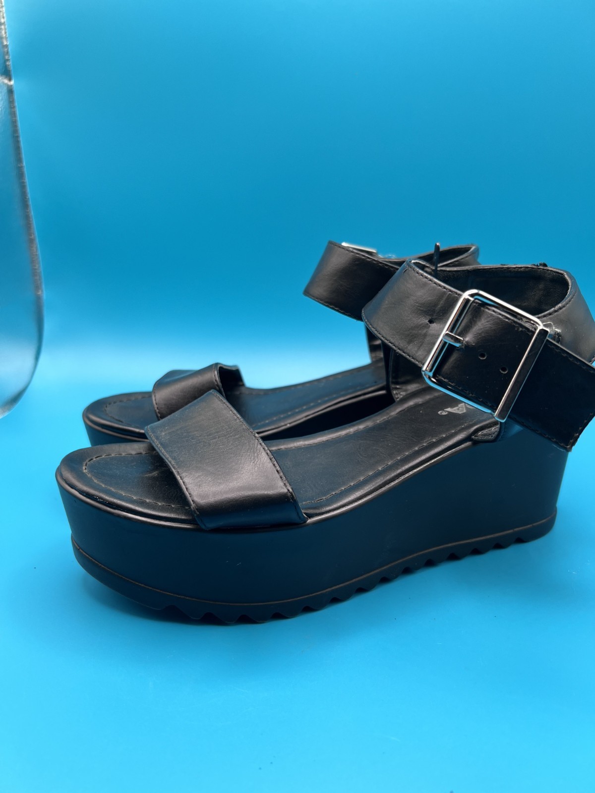 Y2k -SODA Black Platform Wedge Sandals Women’s Open Toe Ankle Strap Buckle Shoes